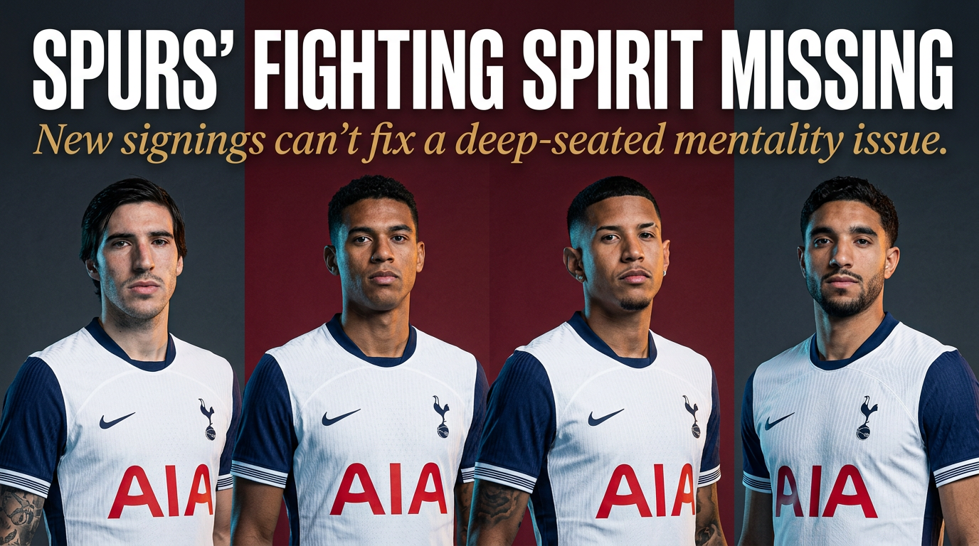 Cover graphic for "Tottenham's £320 Million Rebuild Stumbles: Beyond Transfers, It's a Mentality Crisis"